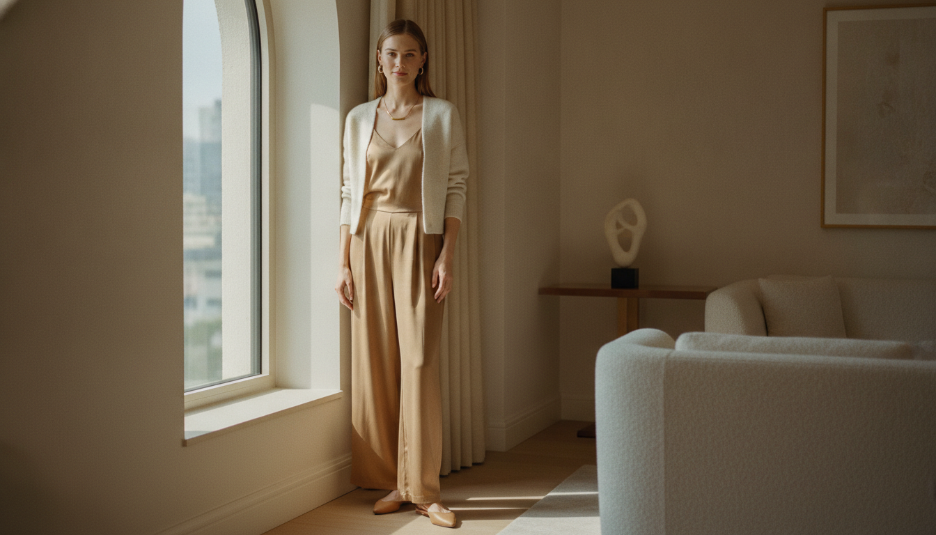 Elegante Frau steht ruhig und selbstbewusst am Fenster einer Hotelsuite