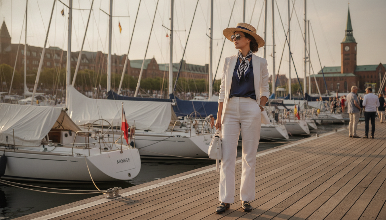 Frau in eleganter Segelkleidung am Hamburger Yachthafen während einer Regatta