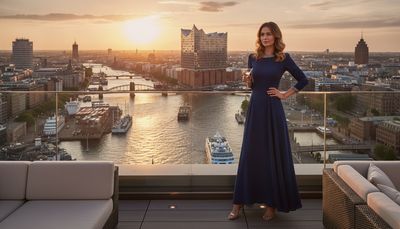Elegante Frau genießt den Blick auf die Elbphilharmonie von einer Rooftop-Bar in Hamburg